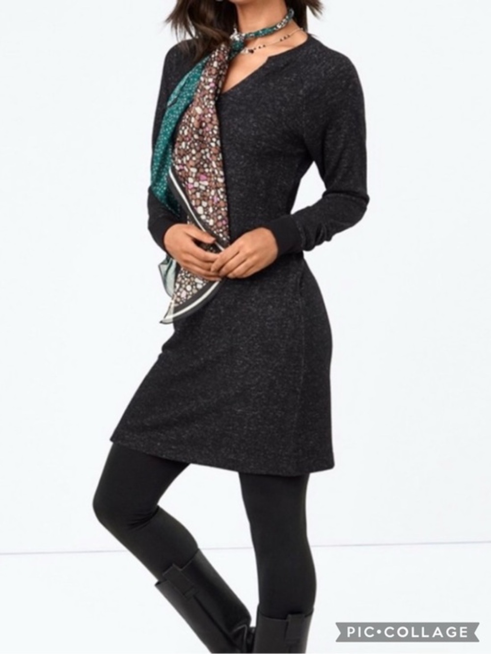 CAbi The PJ Dress Black Heathered Mini Sweater Dress XS #3829 Quiet Luxury